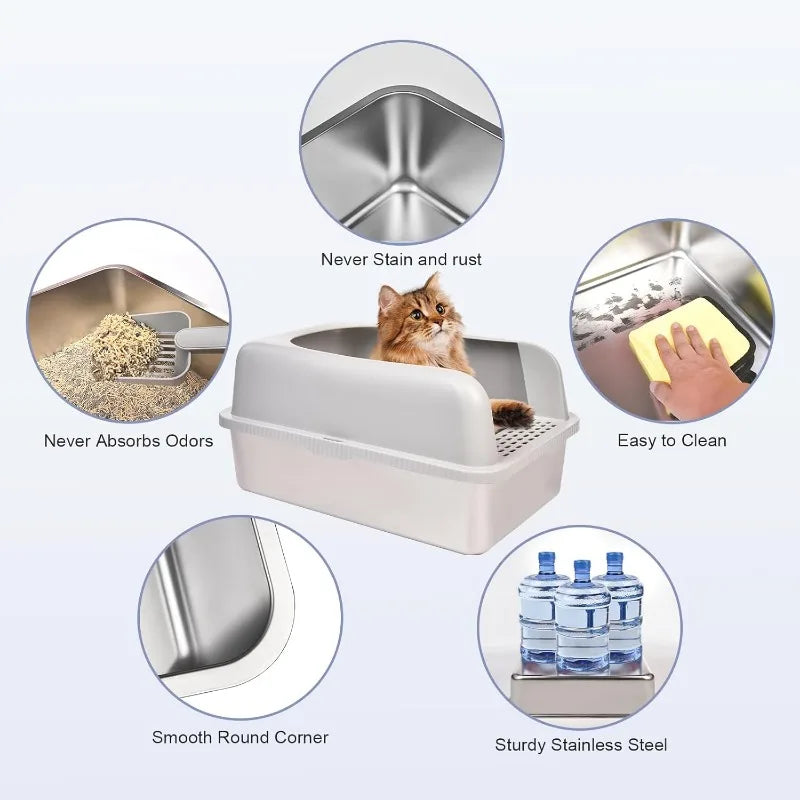 Stainless Steel Cat Litter Box with Lid, 20" L X 14.2" W X 11.8" H, Extra Large Litter Box for Big Cats with High Sided