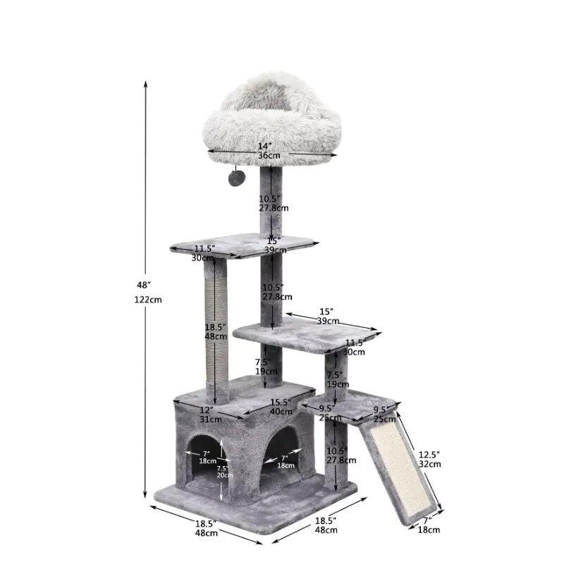 4-Level Grey Cat Tree With Scratching Pad, 48'' Height - chloespetshop