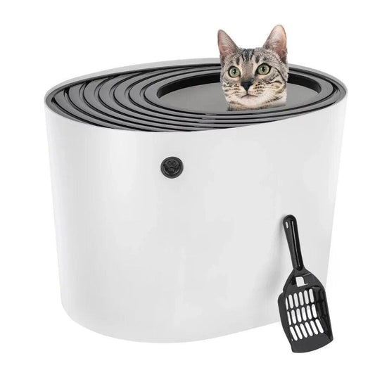 Cat Bedpans Top Entry Cat Litter Box with Litter Catching Grooved Lid, White/Black - chloespetshop