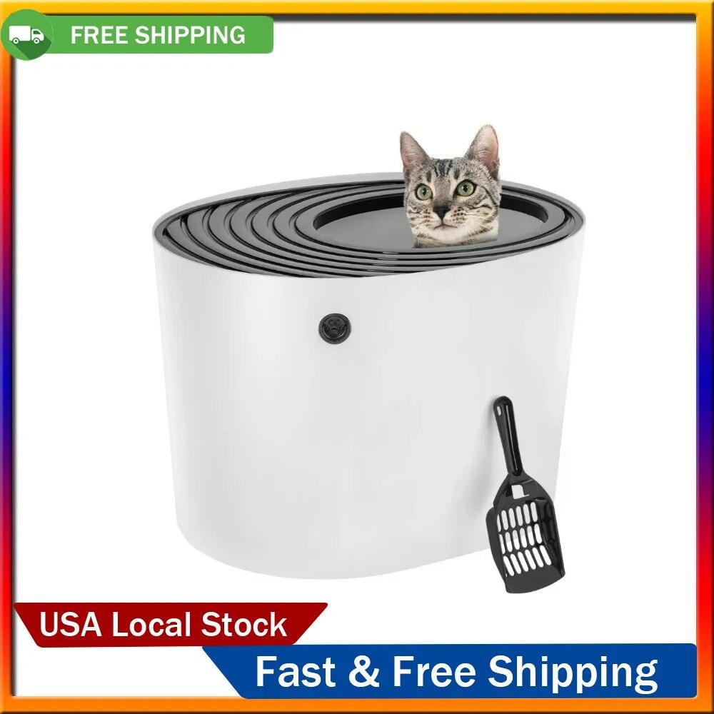 Cat Bedpans Top Entry Cat Litter Box with Litter Catching Grooved Lid, White/Black - chloespetshop